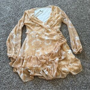 Long-Sleeve Wrap Dress in Mustard Floral